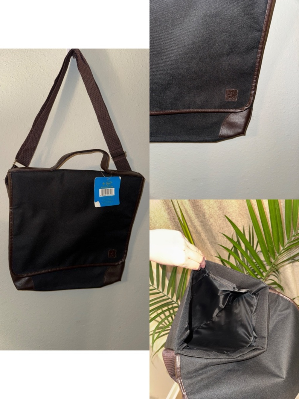Original Penguin Black Messenger Bag with Brown Trim